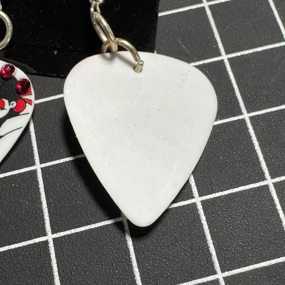 Johnny Tattoo Guitar Pick Pinup Dangle Earrings Rhinestones Rockabilly Punk 2”